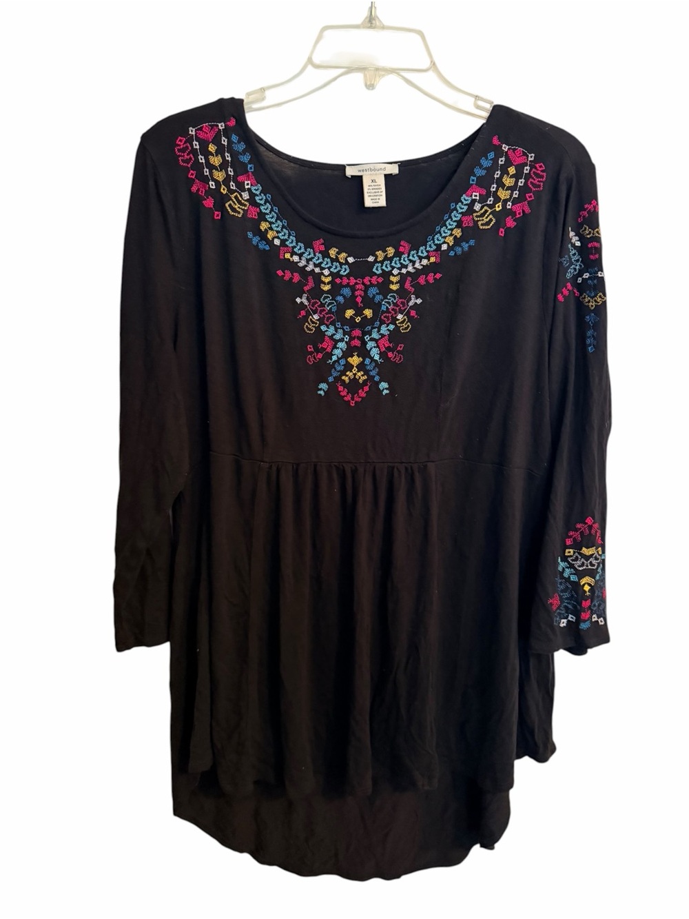 Westbound Black Tunic with Bright Embroidered Neckline